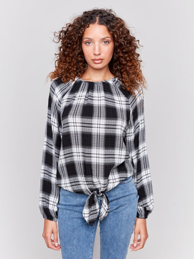 Charlie B Top - Front Tie Blouse - Pepper Plaid