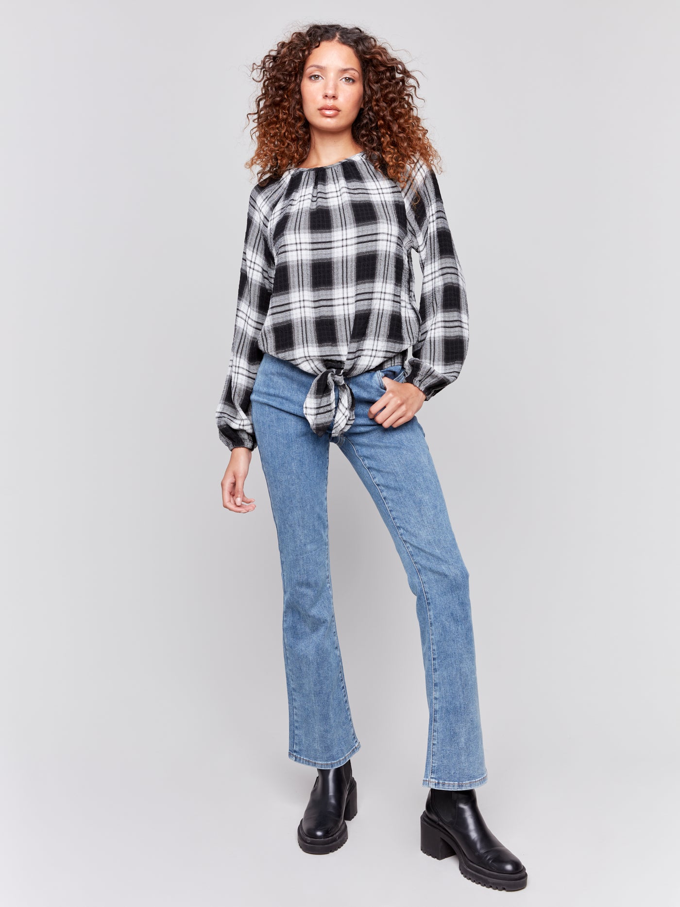 Charlie B Top - Front Tie Blouse - Pepper Plaid