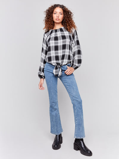 Charlie B Top - Front Tie Blouse - Pepper Plaid