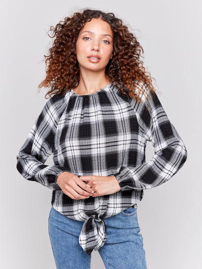 Charlie B Top - Front Tie Blouse - Pepper Plaid