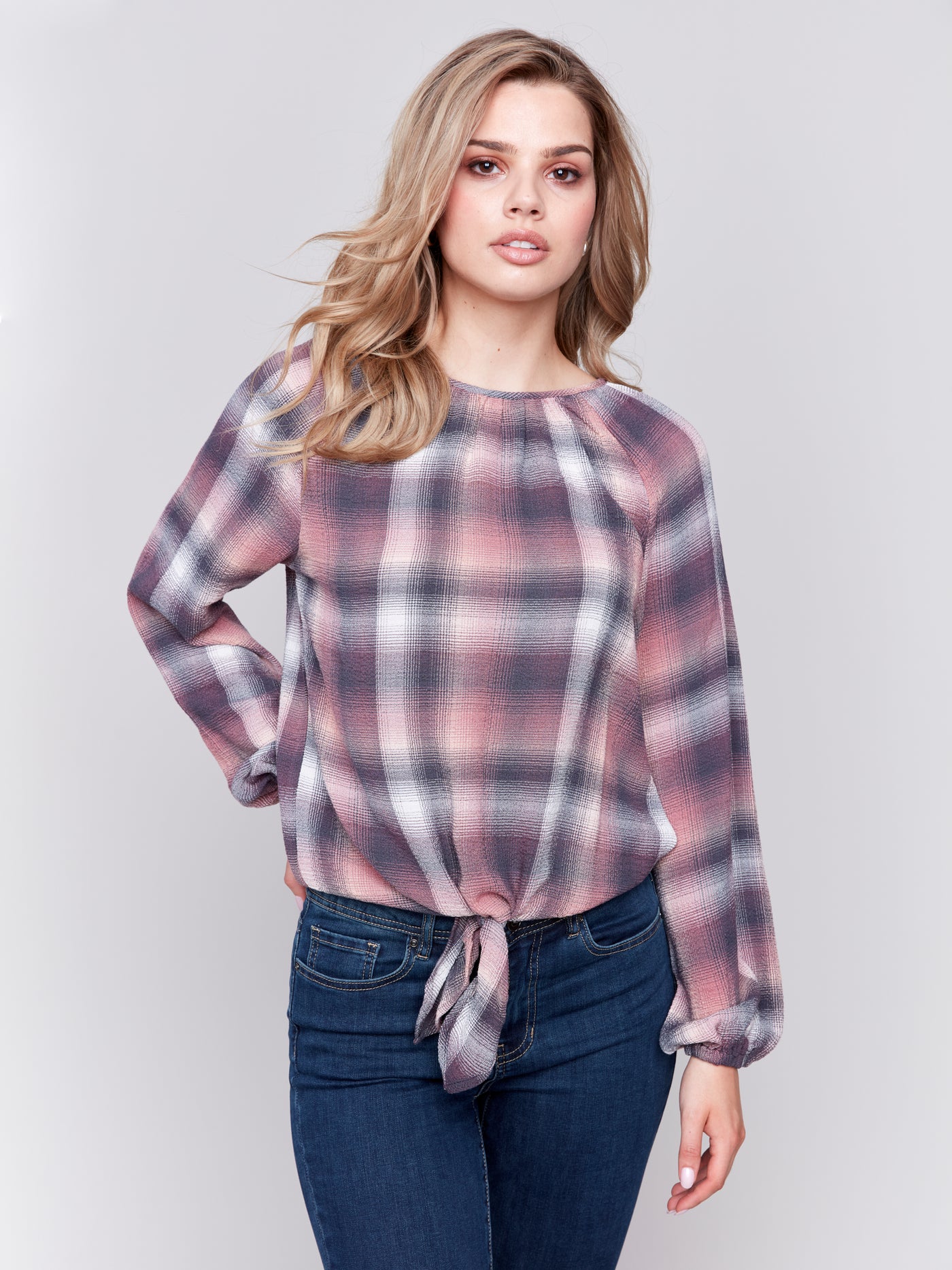 Charlie B Top - Front Tie Blouse - Quartz Plaid