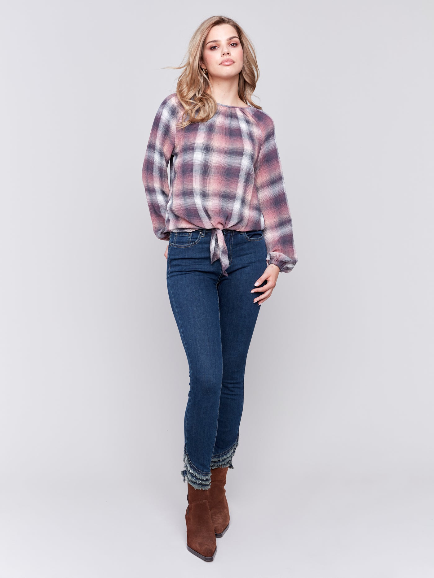 Charlie B Top - Front Tie Blouse - Quartz Plaid