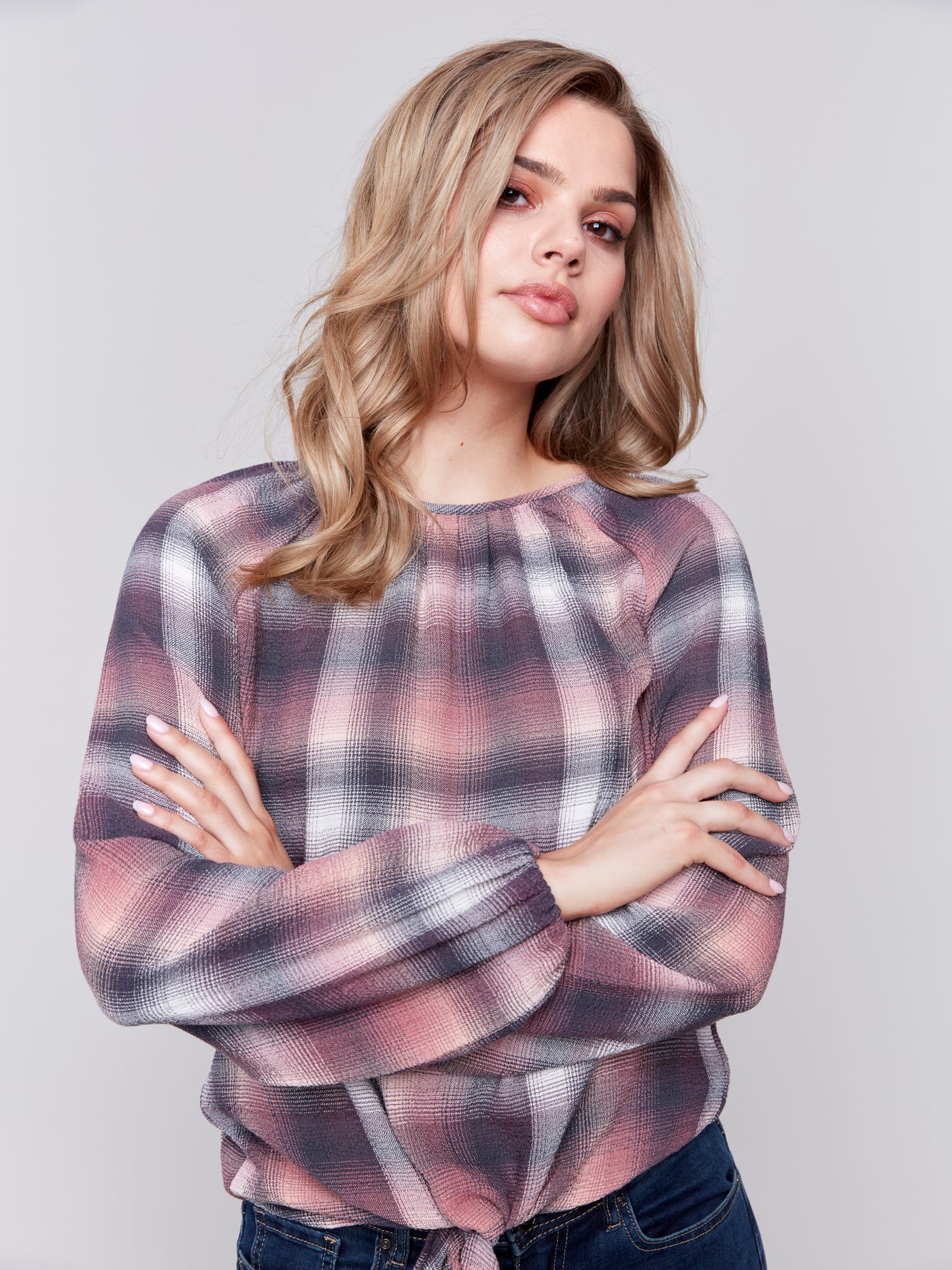 Charlie B Top - Front Tie Blouse - Quartz Plaid - XSMALL