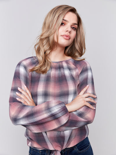 Charlie B Top - Front Tie Blouse - Quartz Plaid