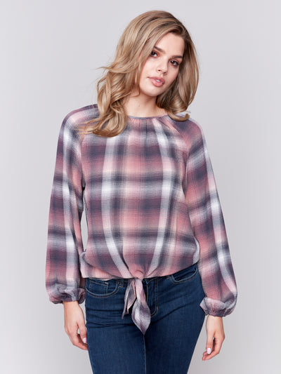 Charlie B Top - Front Tie Blouse - Quartz Plaid