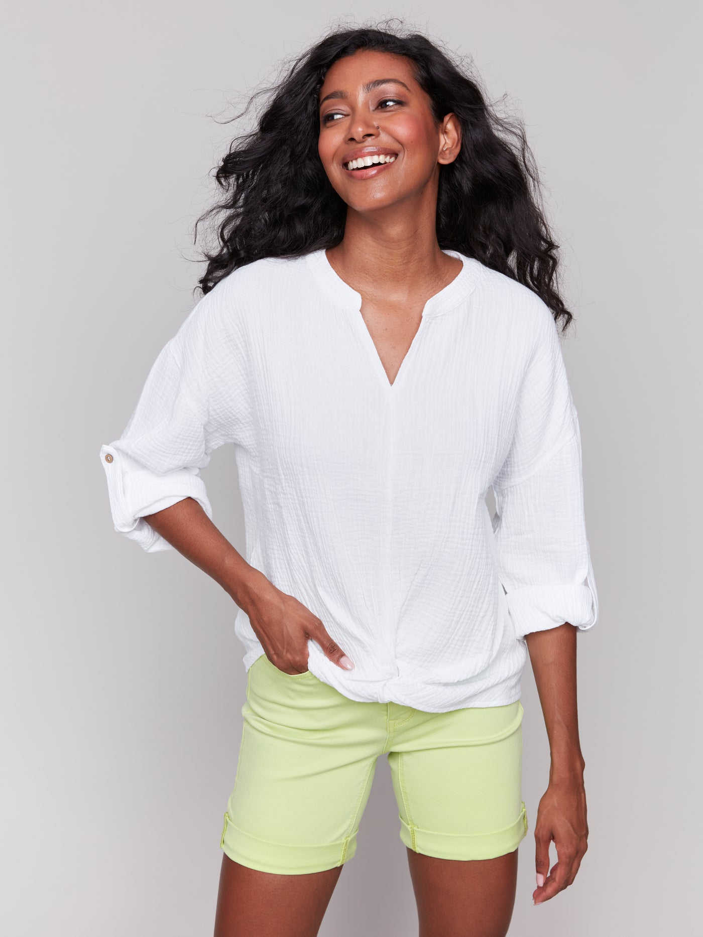 Charlie B Top - Twist Up Blouse - White