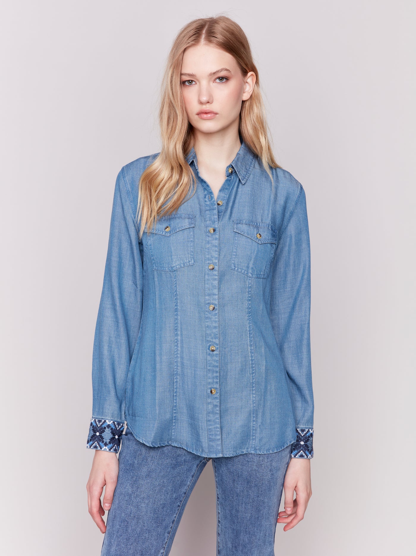 Charlie B Top - Embroidered Cuff - Denim