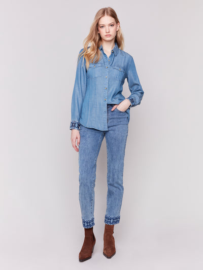 Charlie B Top - Embroidered Cuff - Denim