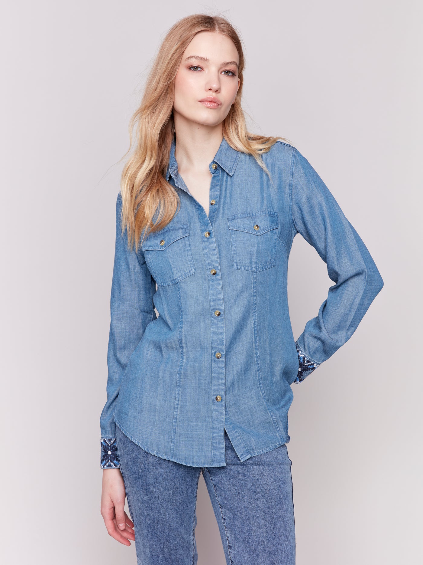 Charlie B Top - Embroidered Cuff - Denim