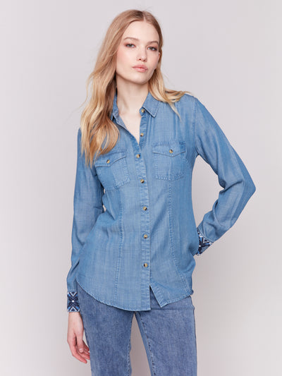 Charlie B Top - Embroidered Cuff - Denim