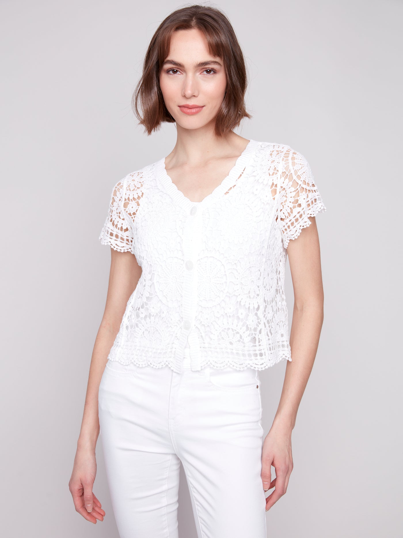 Charlie B Top - V-Neck Crochet - White