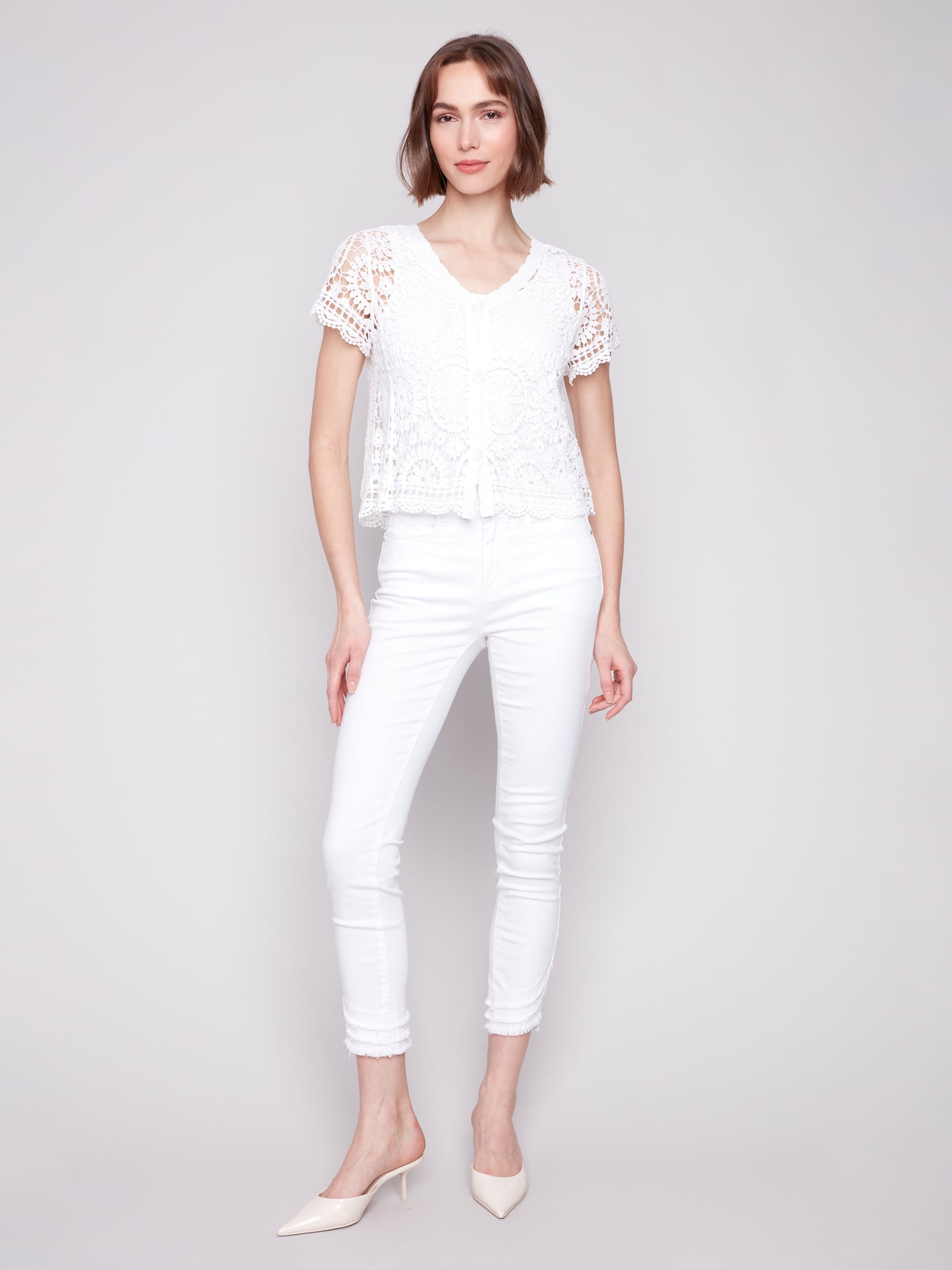 Charlie B Top - V-Neck Crochet - White