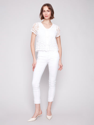 Charlie B Top - V-Neck Crochet - White