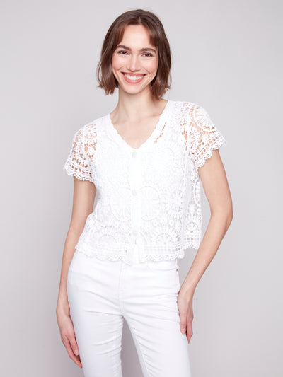 Charlie B Top - V-Neck Crochet - White