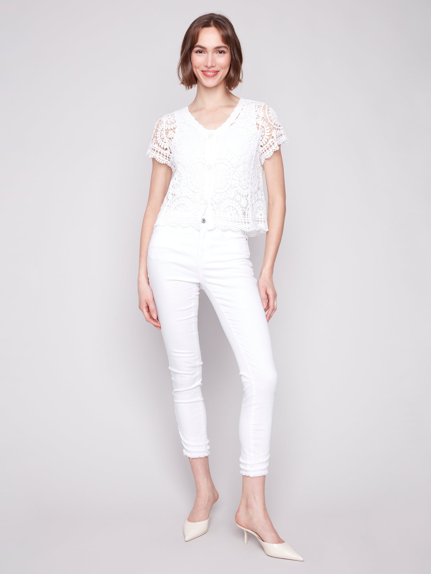 Charlie B Top - V-Neck Crochet - White