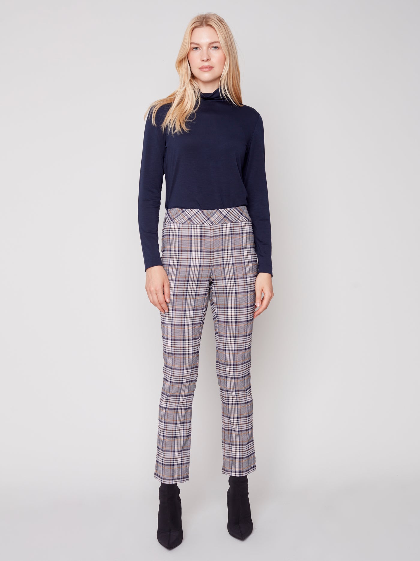 Charlie B Pant - Pull On Plaid - Navy /White