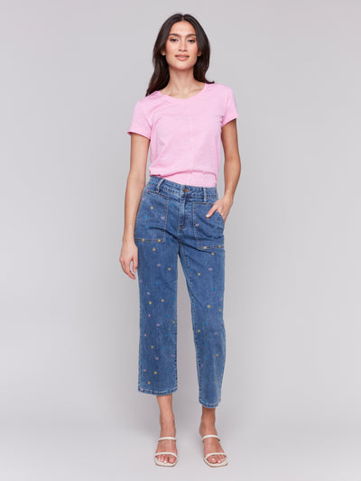 Charlie B Pant - Embroidered Crop - Blue