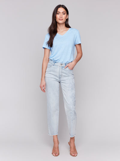 Charlie B Jean - Embroidered Leg - Bleach Blue