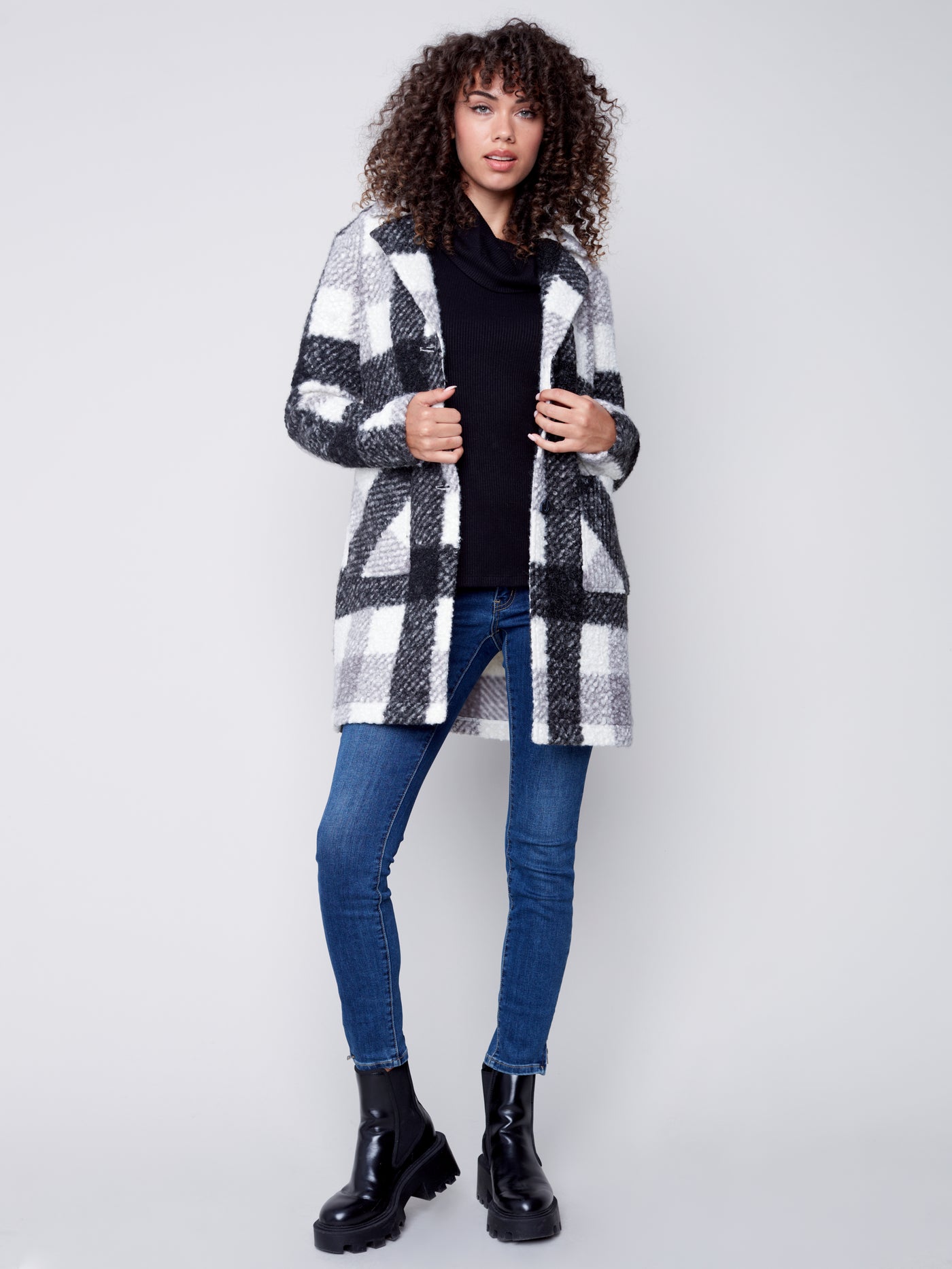 Charlie B Coat - Plaid Boucle - Black /Cream