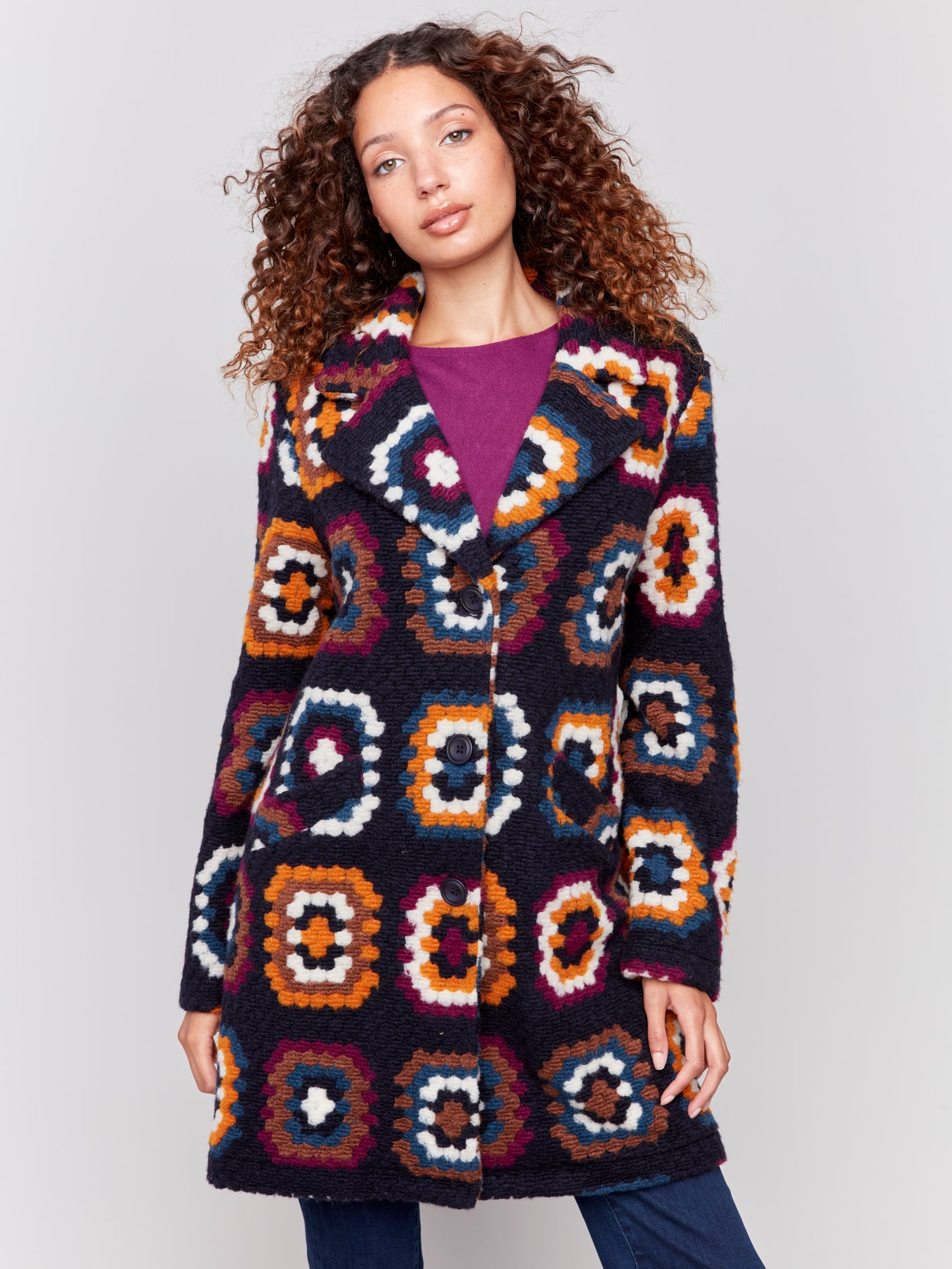 Charlie B Coat - Crochet Print - Navy /Multi