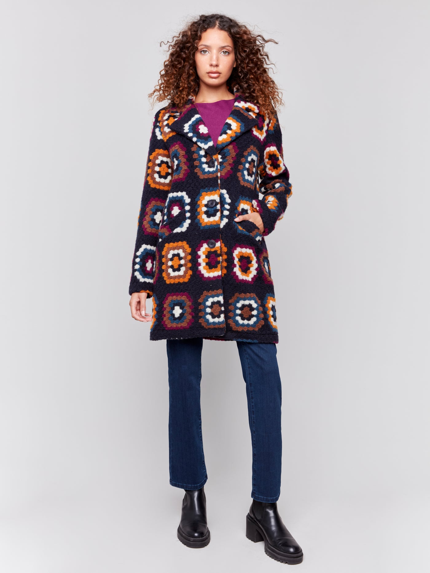 Charlie B Coat - Crochet Print - Navy /Multi