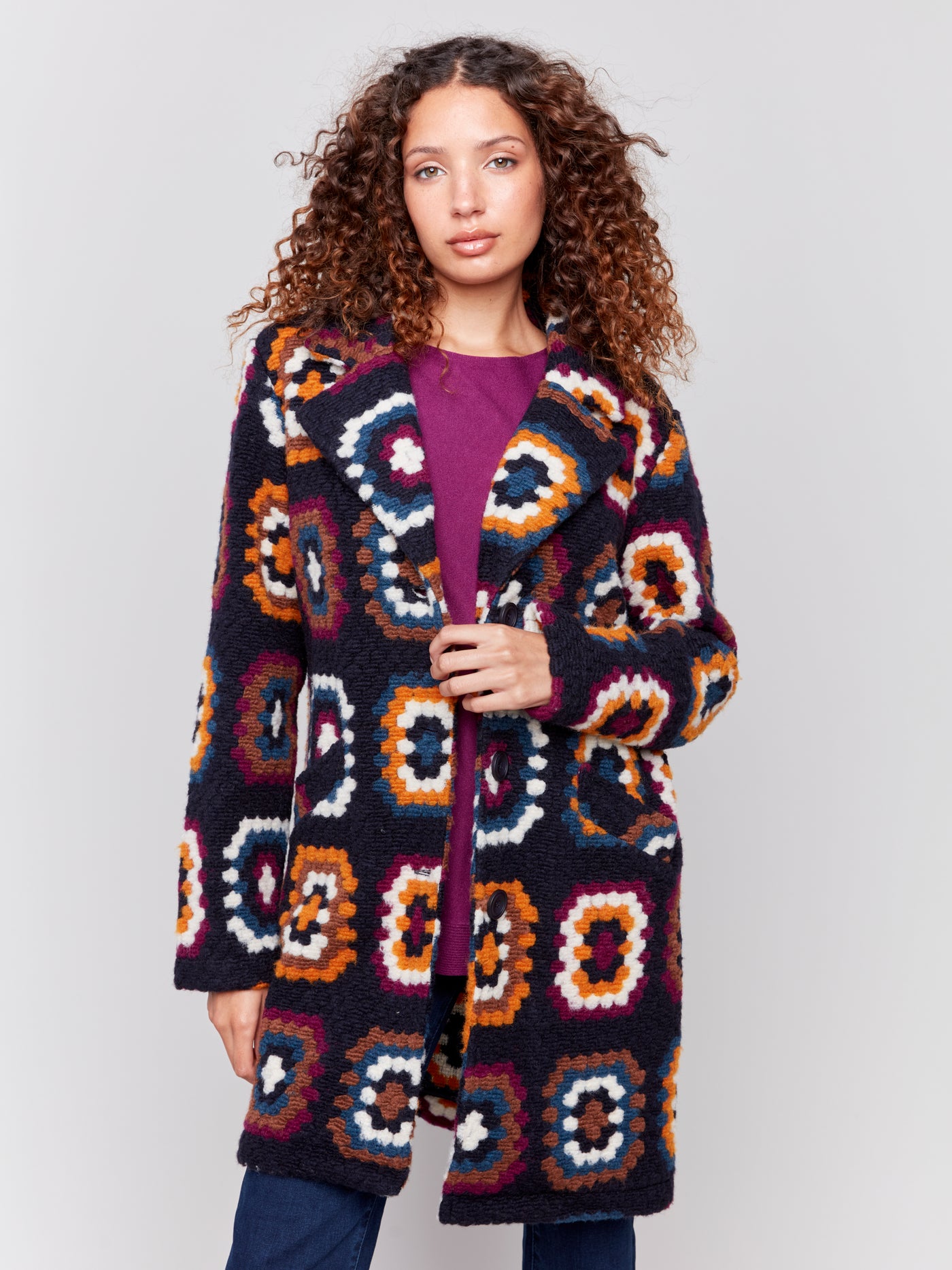 Charlie B Coat - Crochet Print - Navy /Multi