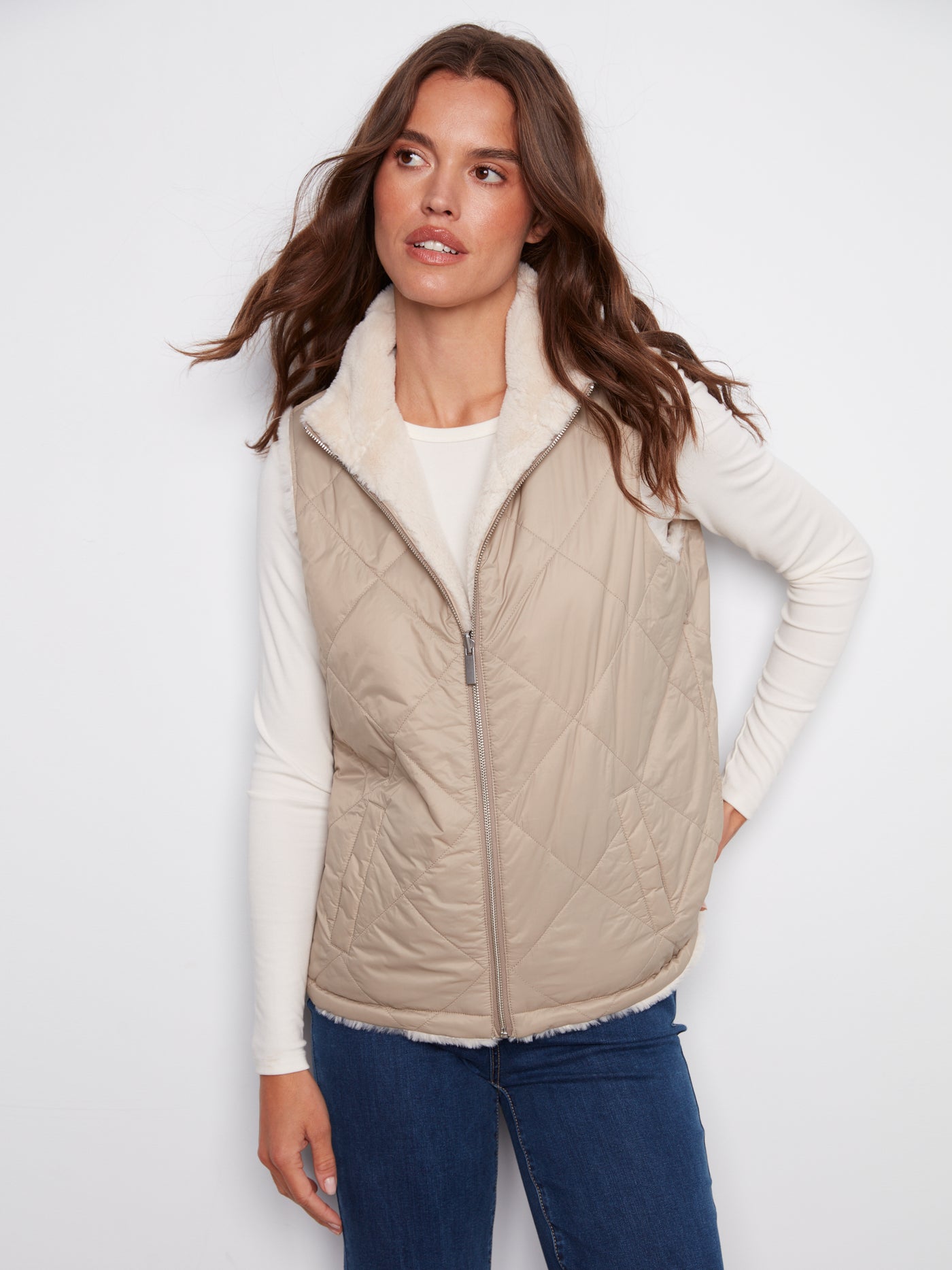 Charlie B Vest - Faux Fur Reversible - Greige