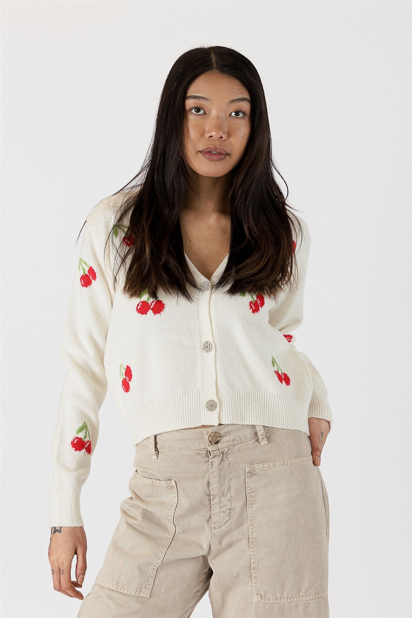 Lyla+Luxe Top - Cherry Print Cardigan - Off White