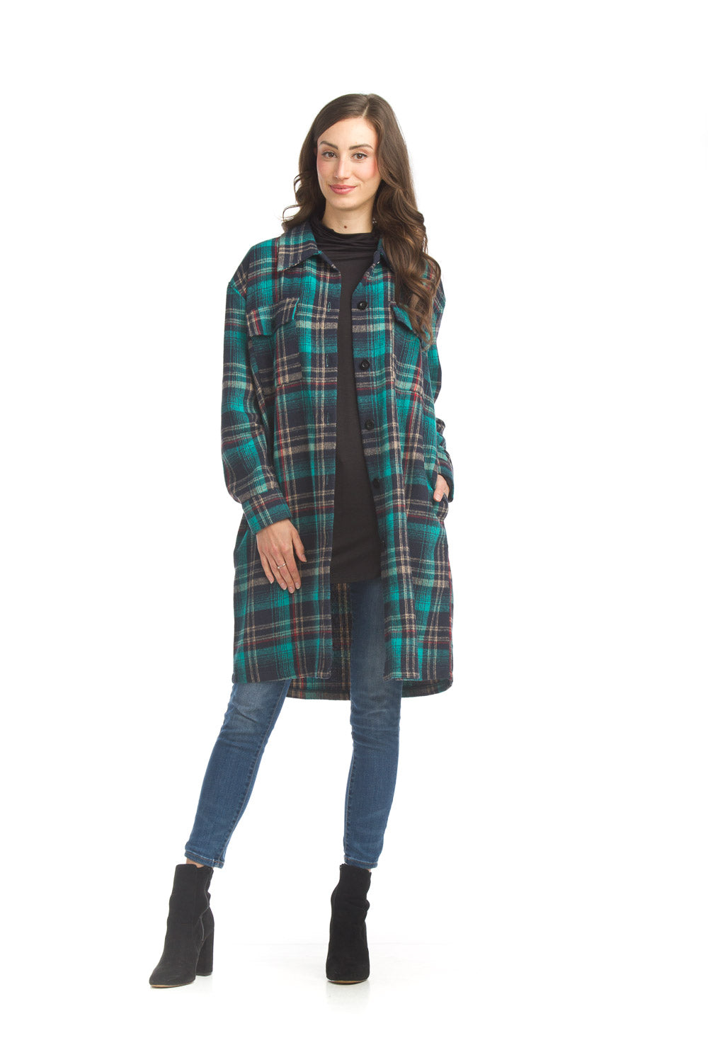 Papillon Top - Long Plaid Shacket - Teal