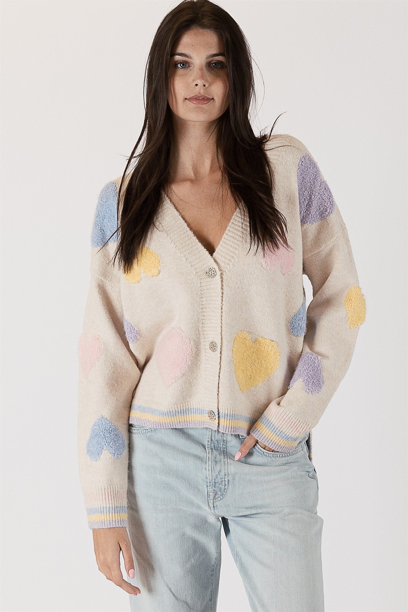Lyla+Luxe Top - Heart Cardigan - Bone /Multi