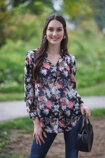 Papillon Top - Floral Blouse - Black