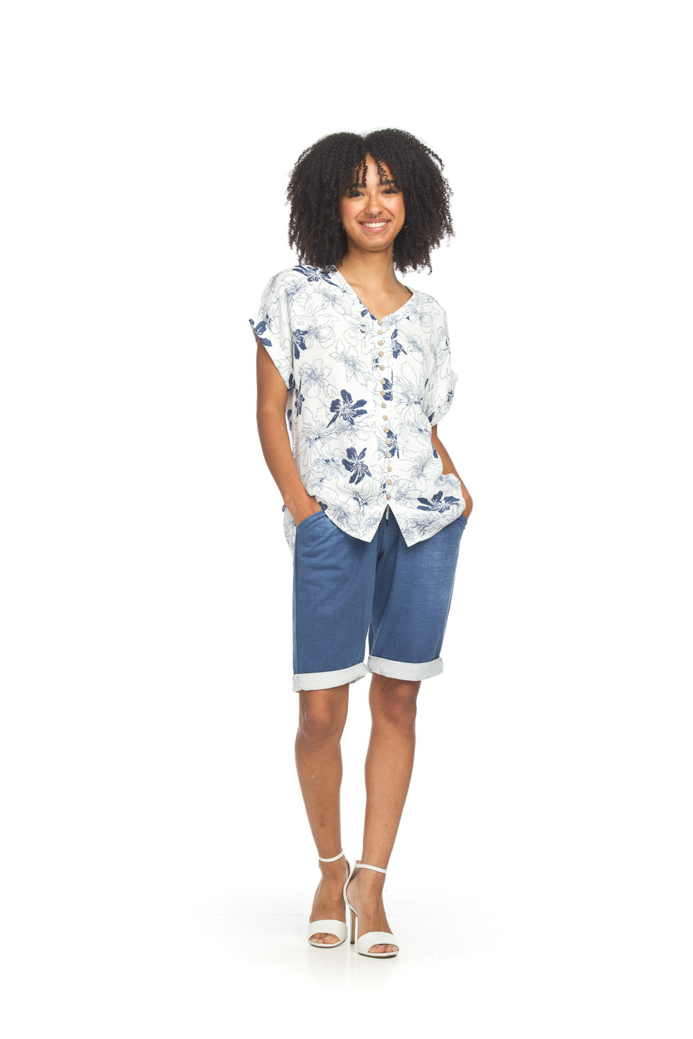 Papillon Top - Button Front Floral - Navy