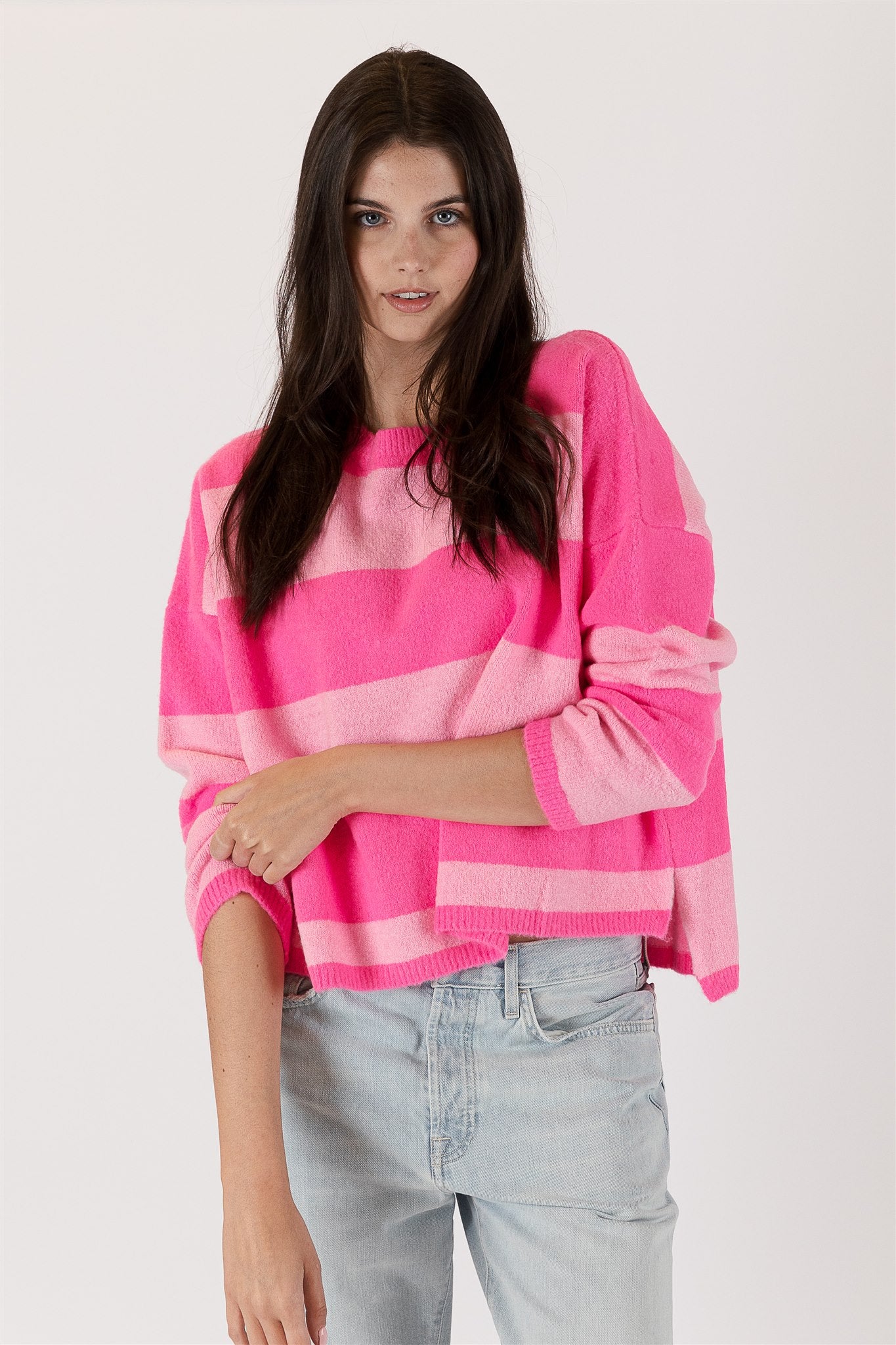 Lyla+Luxe Top - Striped Crop Sweater - Pink