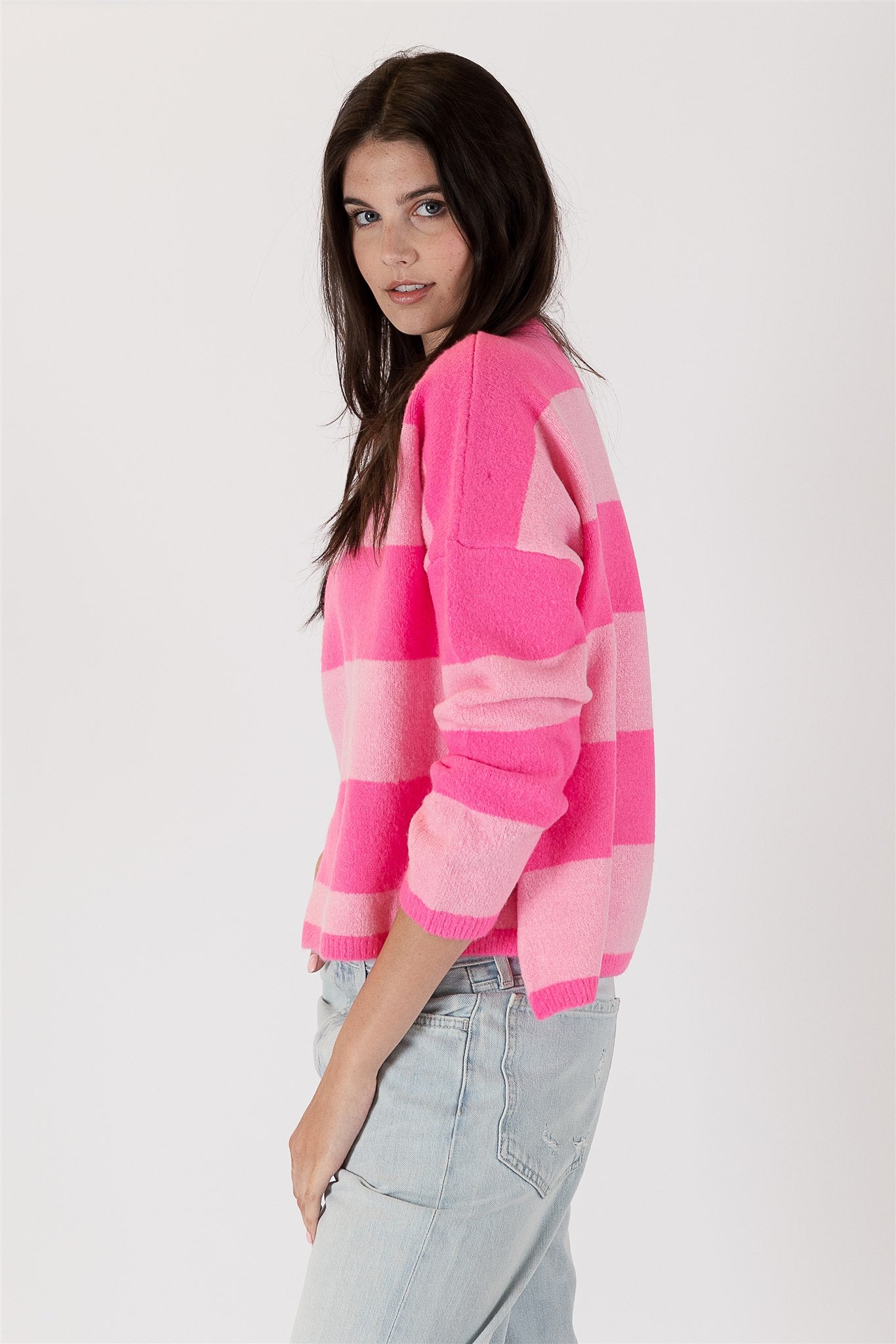 Lyla+Luxe Top - Striped Crop Sweater - Pink