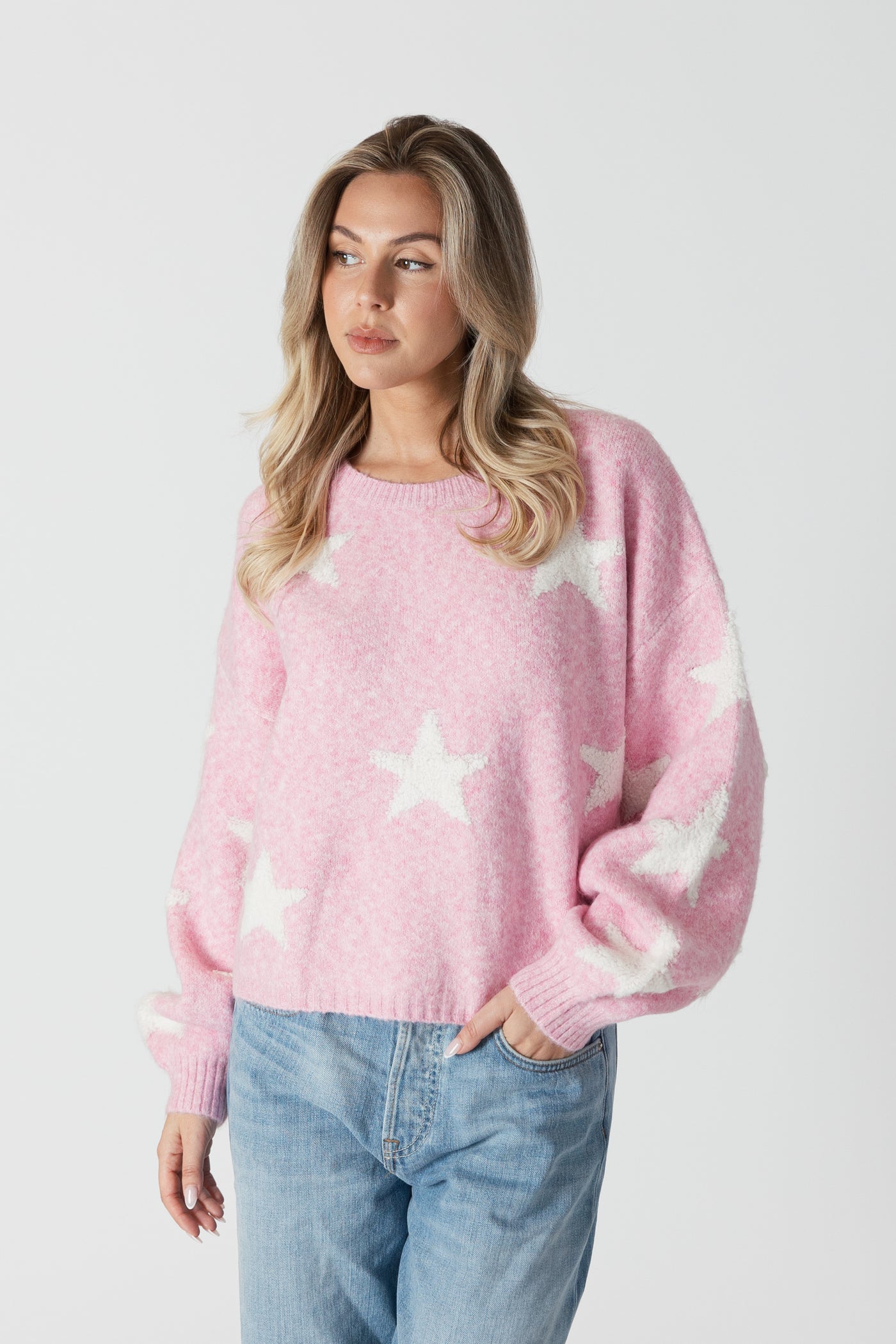 Lyla+Luxe Top - Reese Star Sweater - Pink /Off White