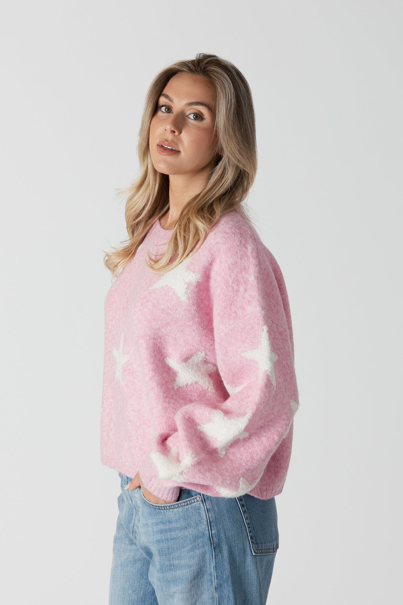 Lyla+Luxe Top - Reese Star Sweater - Pink /Off White