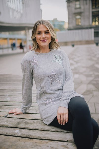 Papillon Top - Sequin Star Sweater - Grey