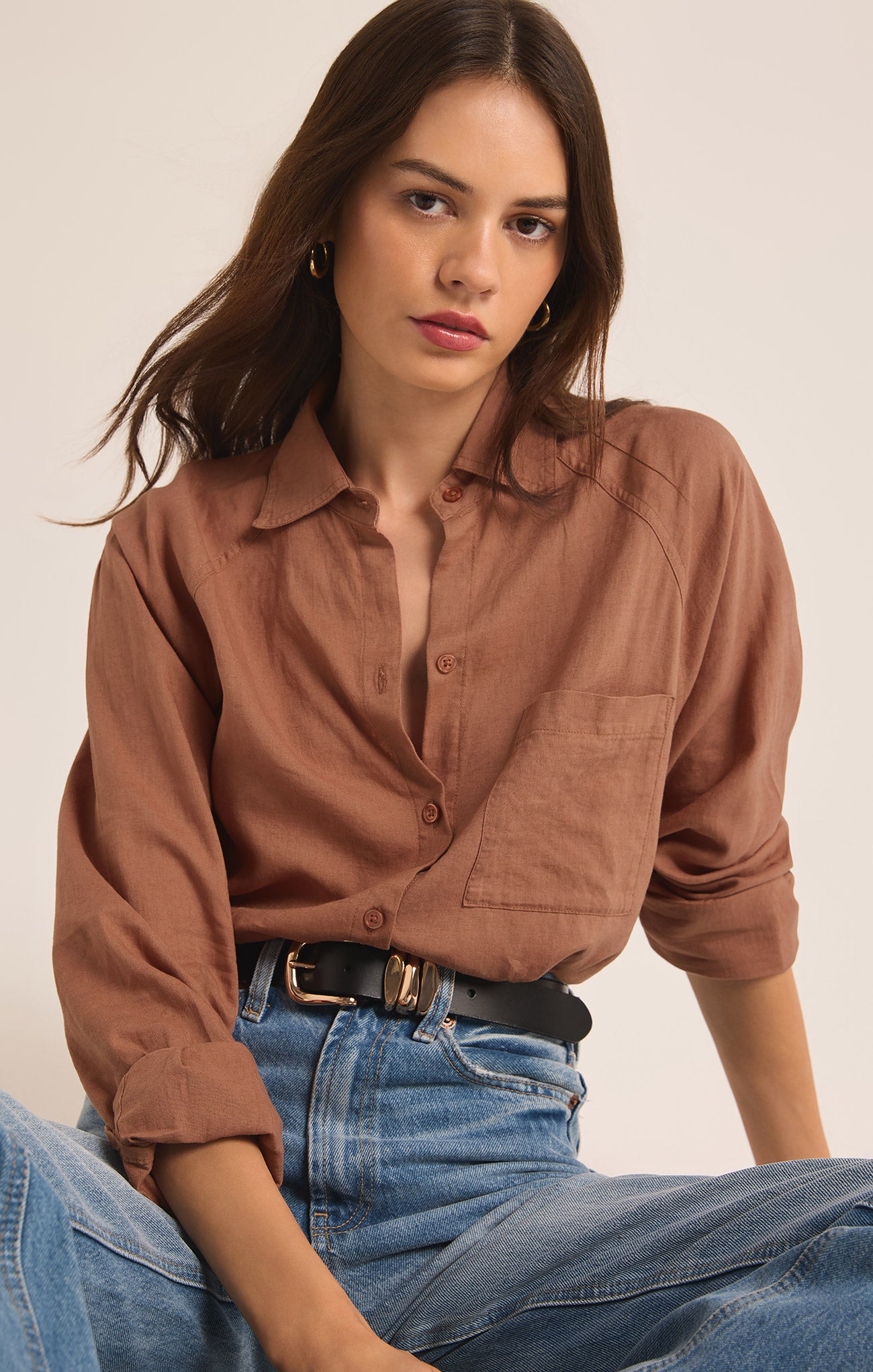 Z Supply Top - Perfect Linen Shirt - Mocha Mouse