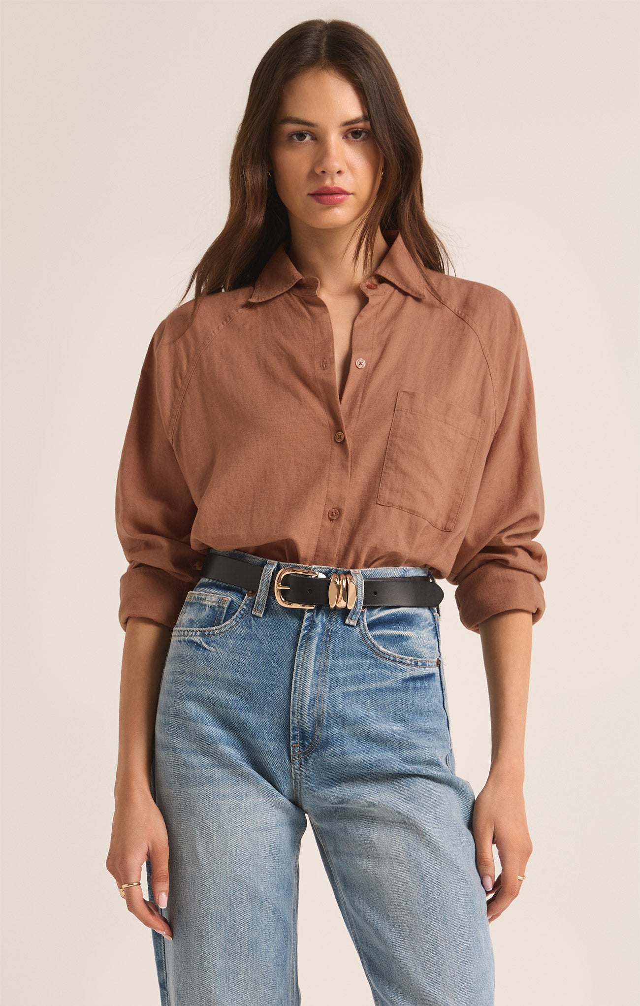 Z Supply Top - Perfect Linen Shirt - Mocha Mouse