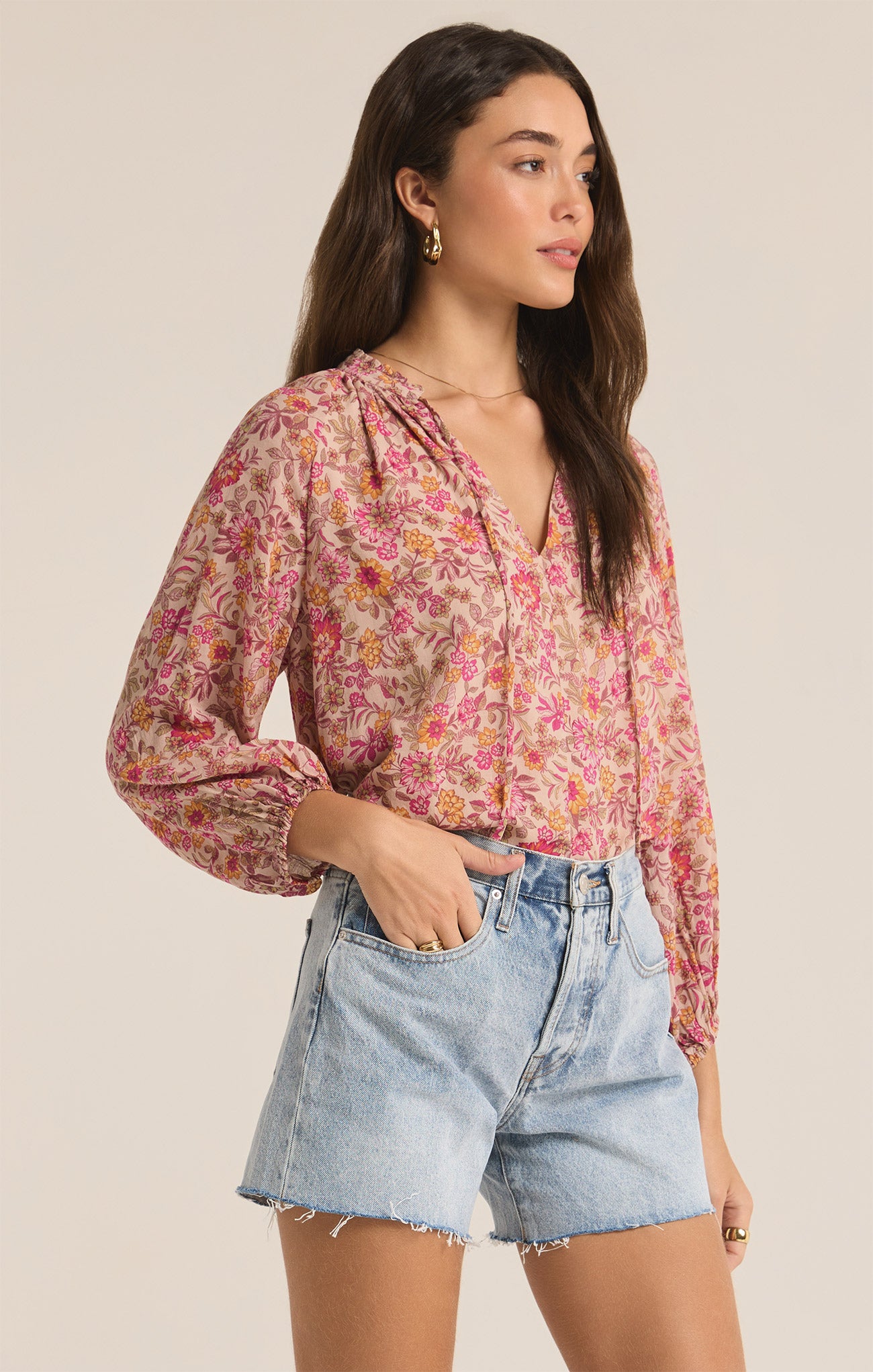 Z Supply Top - Carine Floral Blouse - Cactus Flower