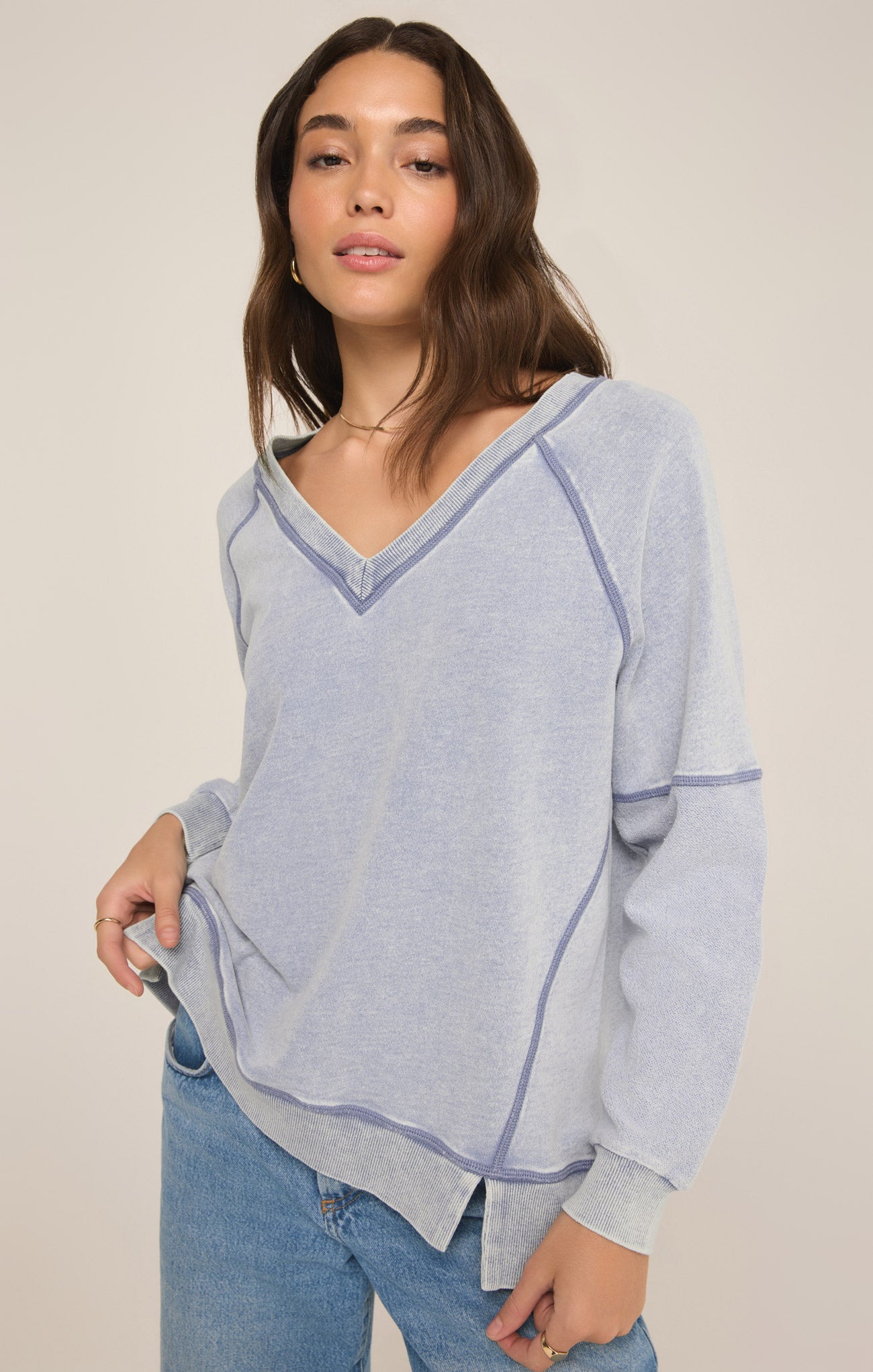 Z Supply Top - Easy V Sweatshirt - Washed Indigo