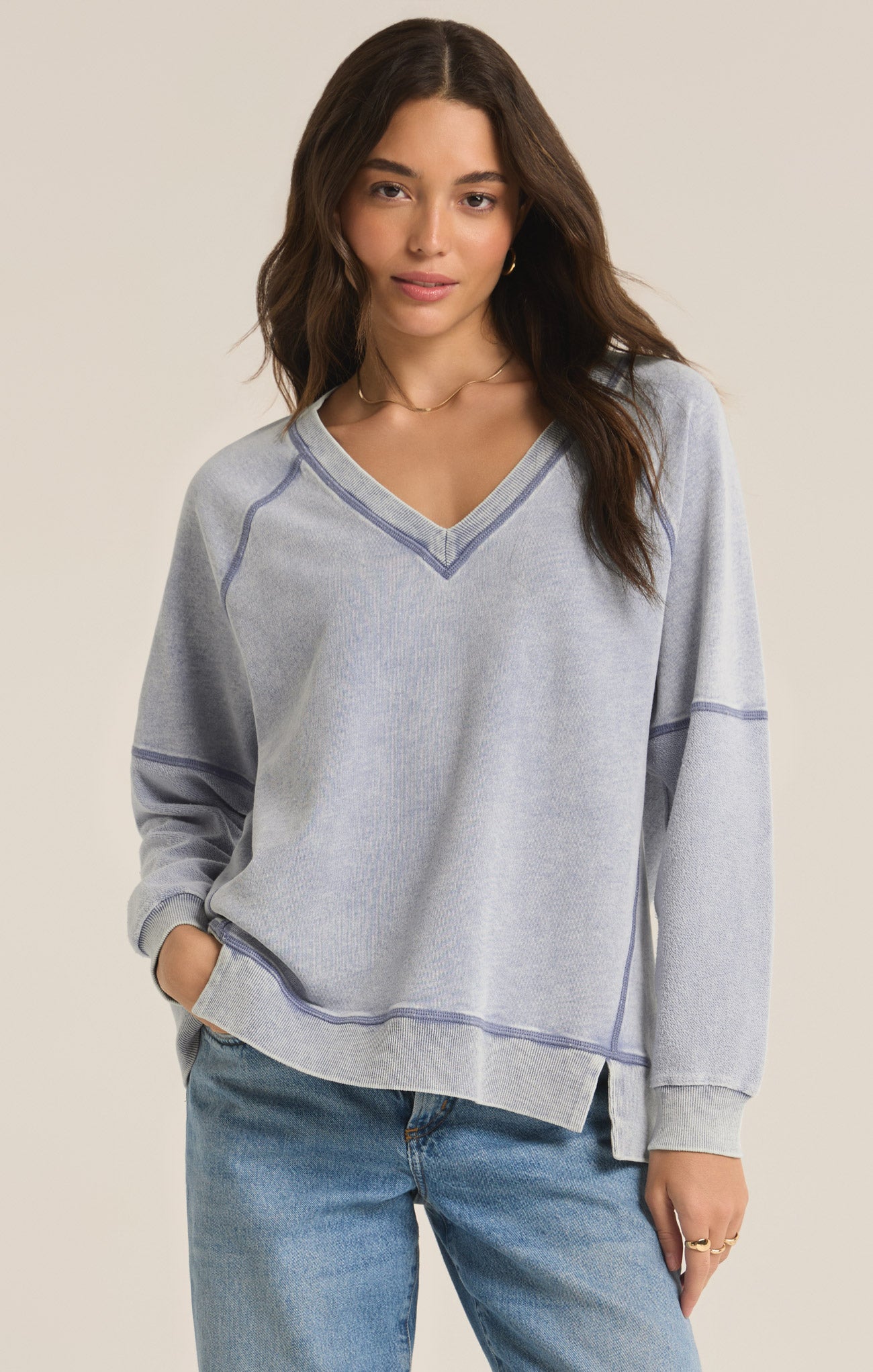 Z Supply Top - Easy V Sweatshirt - Washed Indigo