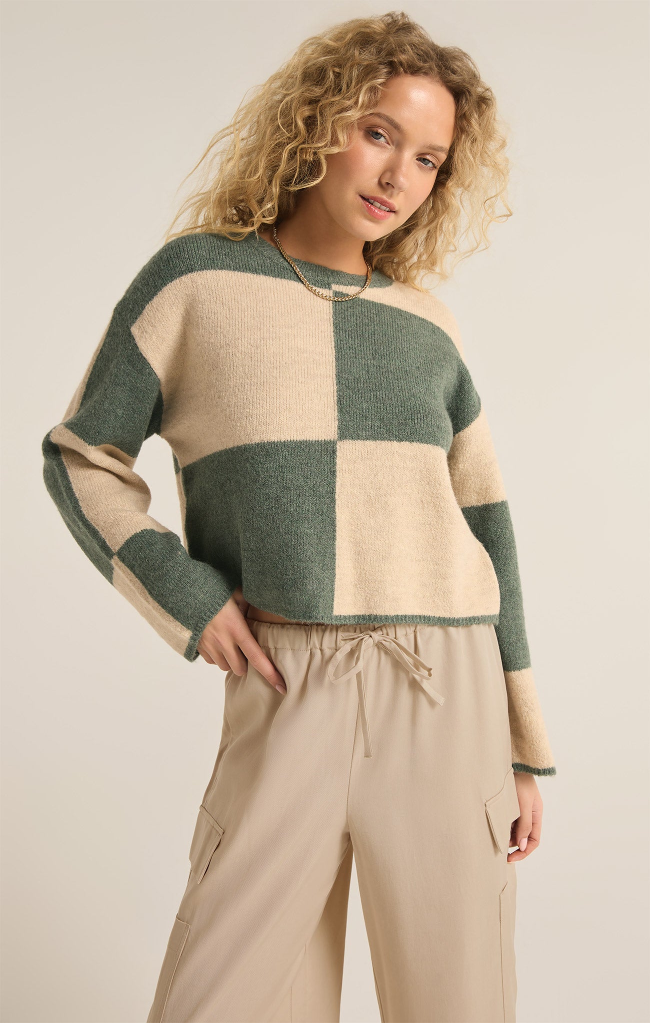 Z Supply Top - Rosi Blocked Sweater - Palm Green