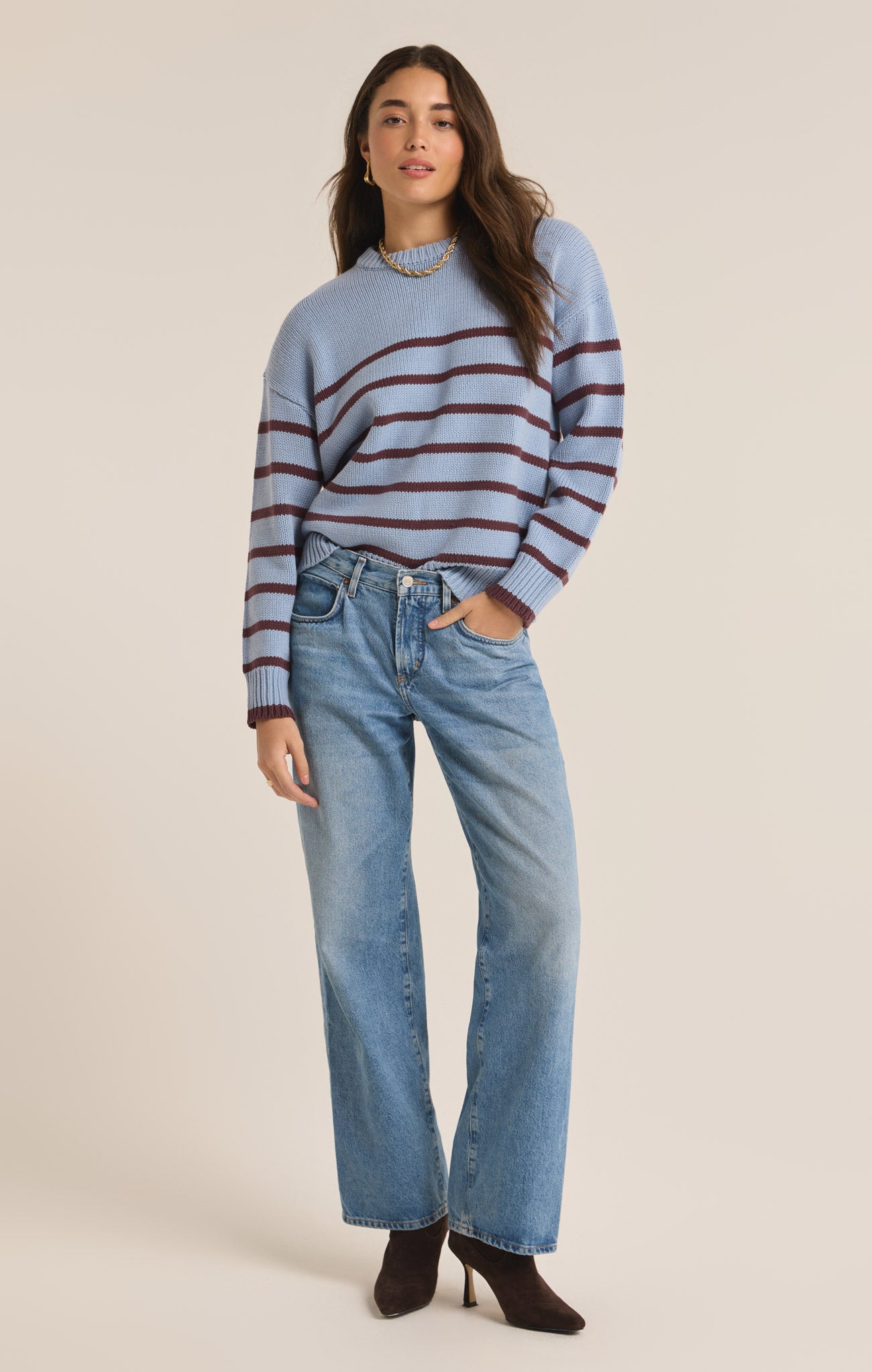 Z Supply Top - Boyfriend Stripe Sweater - Denim