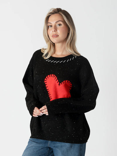 Lyla+Luxe Top - Heart Sweater - Black /Red