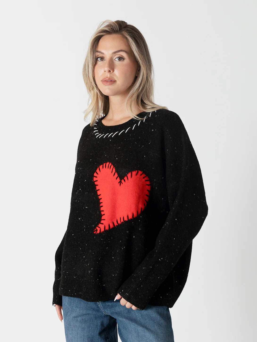 Lyla+Luxe Top - Heart Sweater - Black /Red