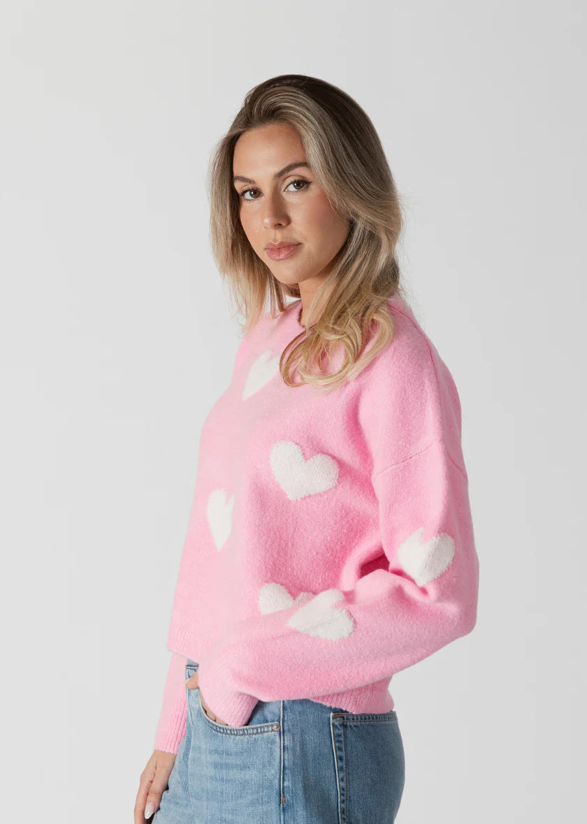 Lyla+Luxe Top - Isla Heart Sweater - Pink /White