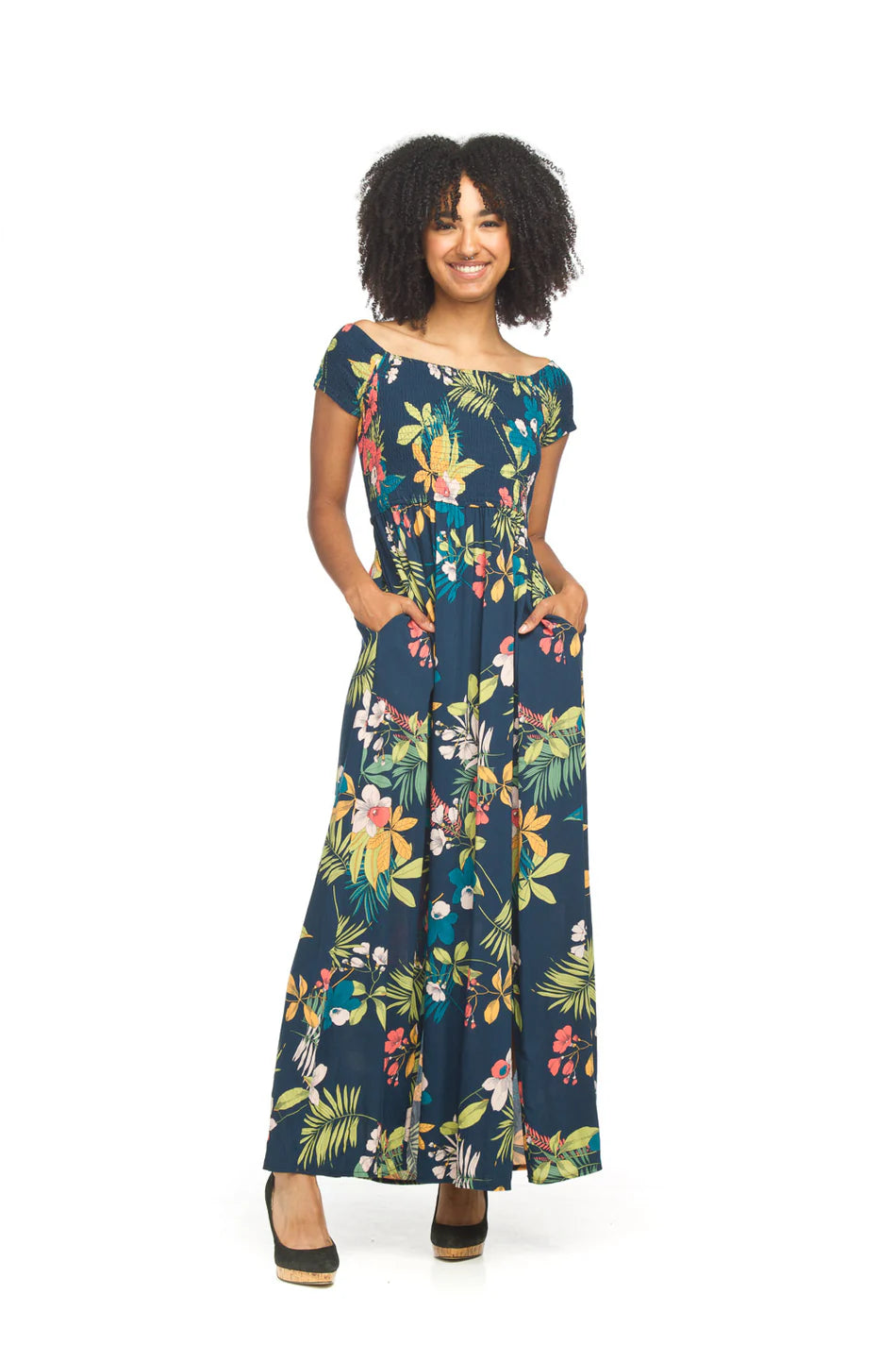 Papillon Dress - Tropical Print Maxi - Navy