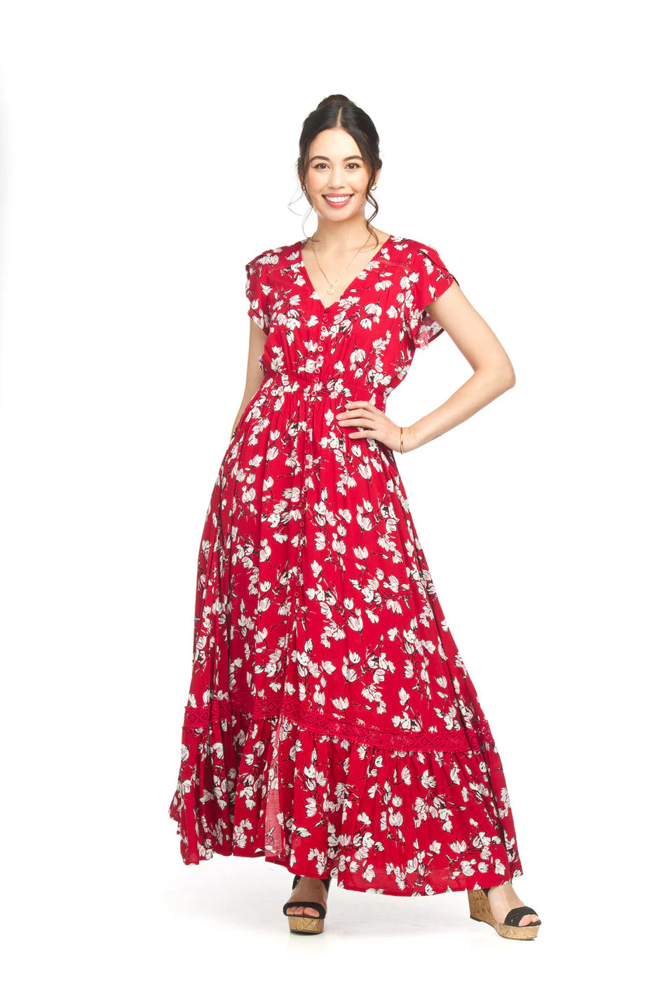 Papillon Dress - Floral Maxi - Red