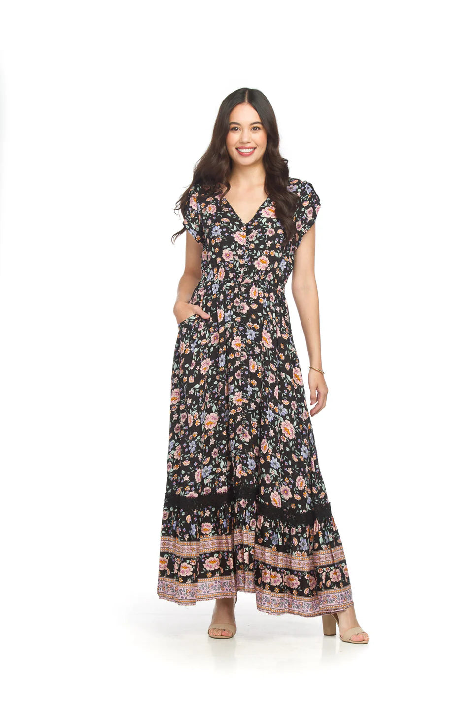 Papillon Dress - Border Print Maxi - Black